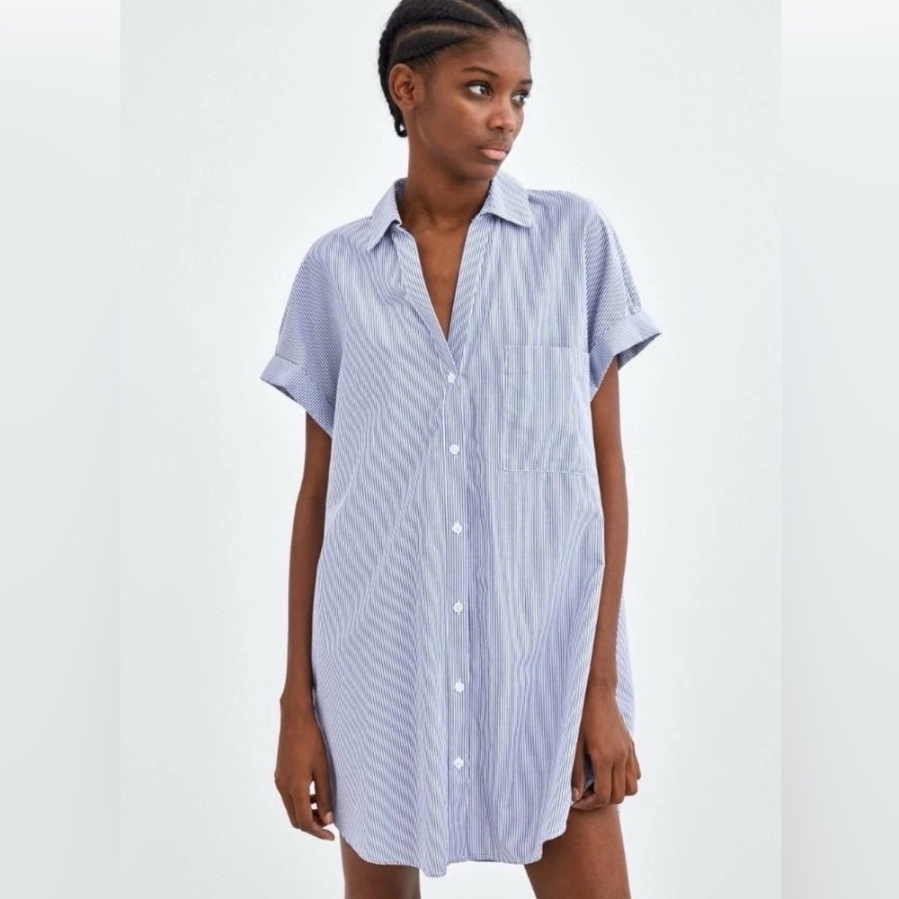 Zara Blue Striped Button-front Shirt Mini Dress